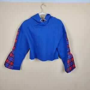 BSBW Plaid Flare Sleeve Cropped Hoodie in Blue Size XS